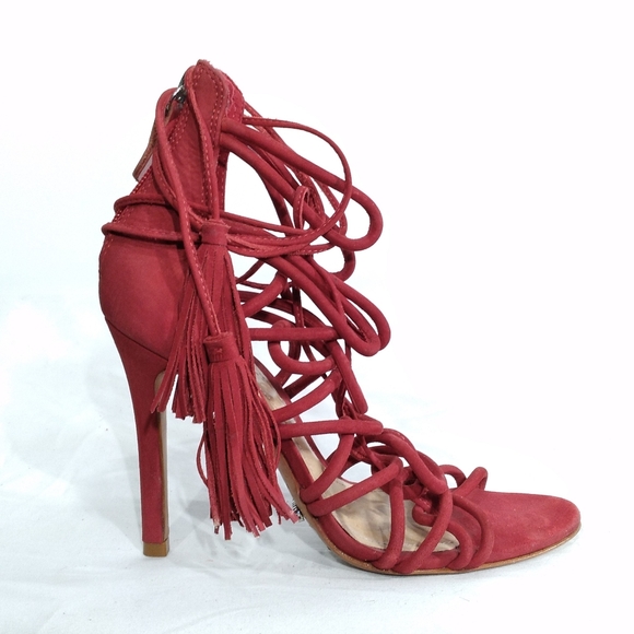 SCHUTZ Valquis Red Nubuck Leather Laced Caged Stiletto Heeled Sandals w/… - Picture 3 of 10